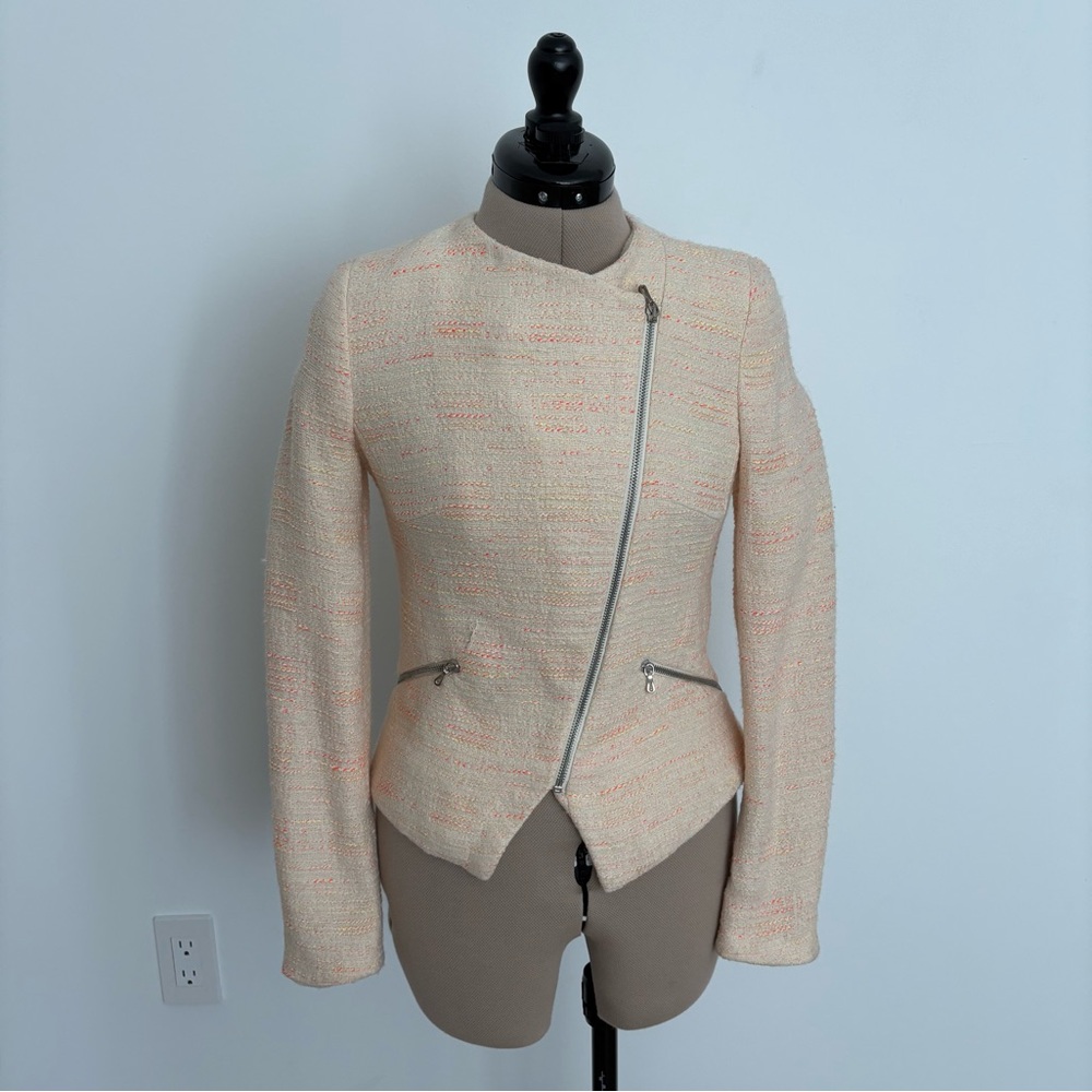 Zara Womens Jacket Cream Orange XS Asymmetrical Zipper Tweed Professional Office